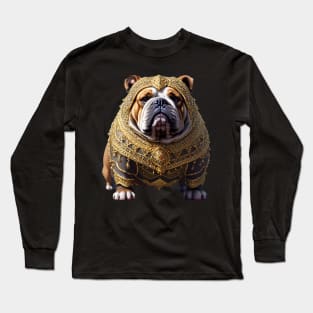 Badass Bulldog in Golden Chainmail Armor and Helmet Long Sleeve T-Shirt